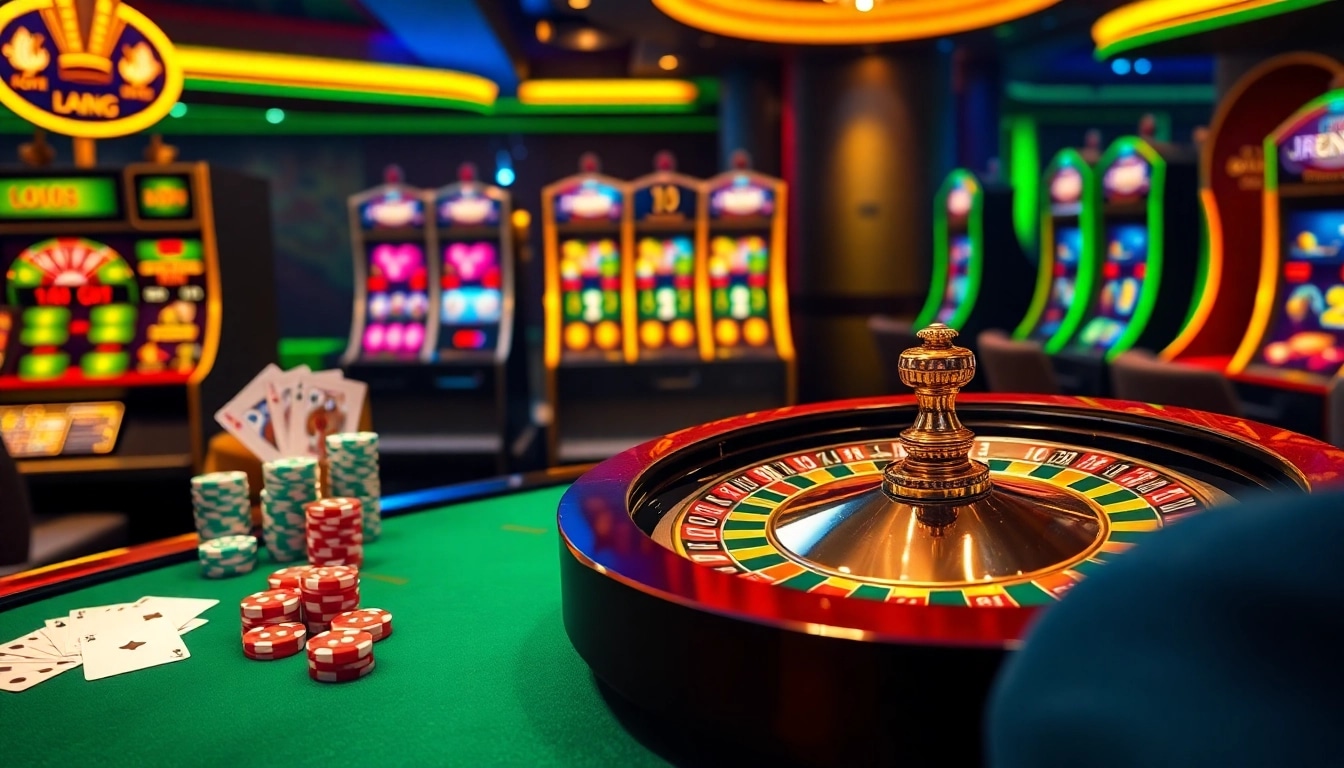 Jogoluck offers an exciting casino experience with vibrant tables, poker chips, and roulette wheels.