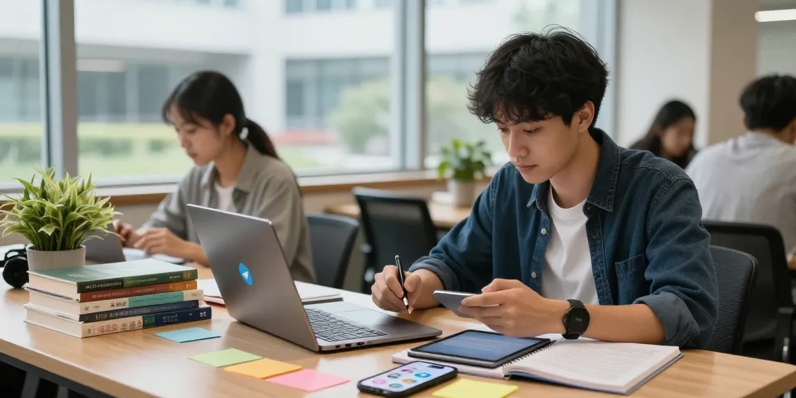Student using Telegram中文 for study collaboration in a bright campus setting.