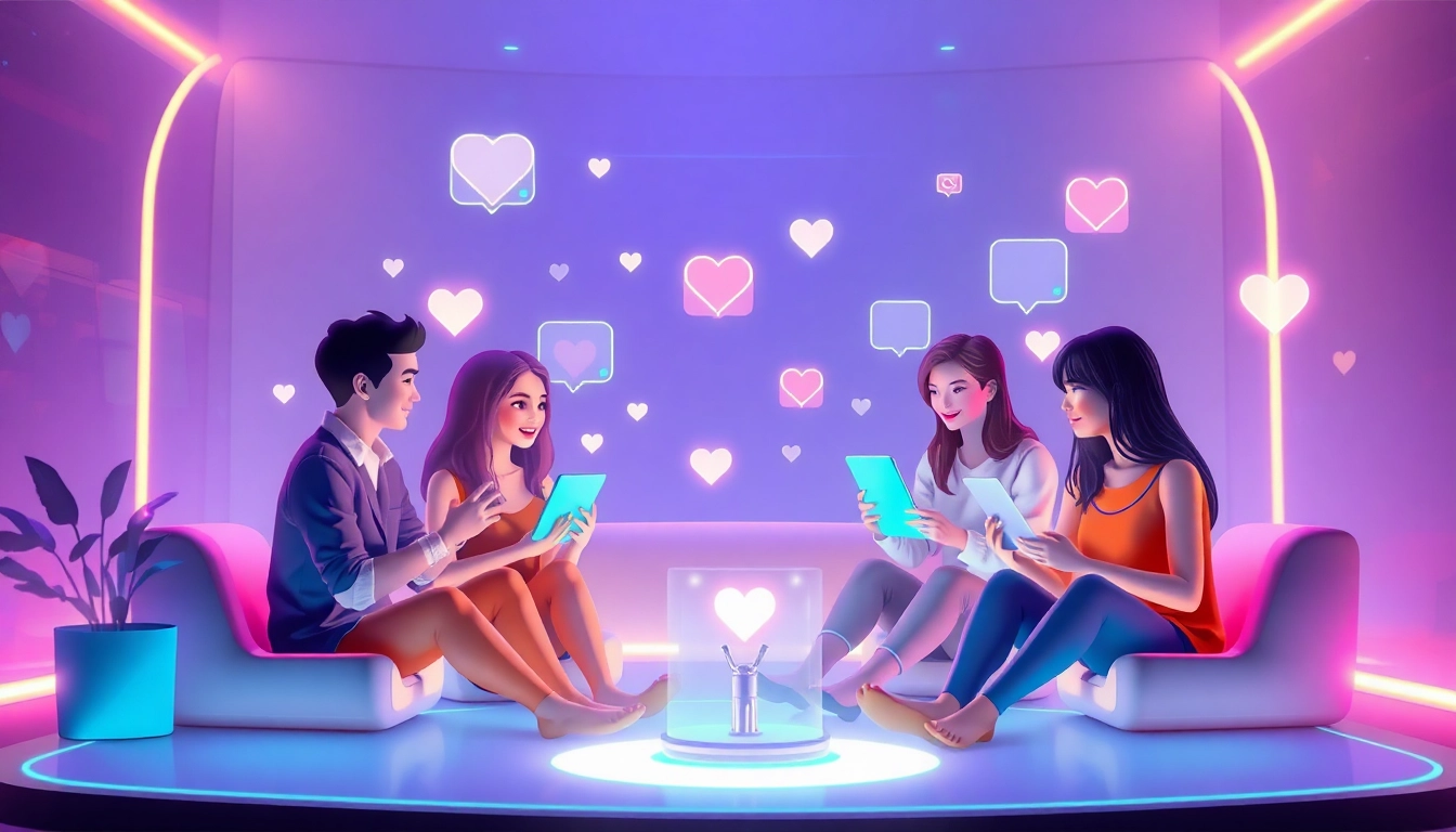 AI sex avatars engaging in playful chats in a futuristic virtual world.