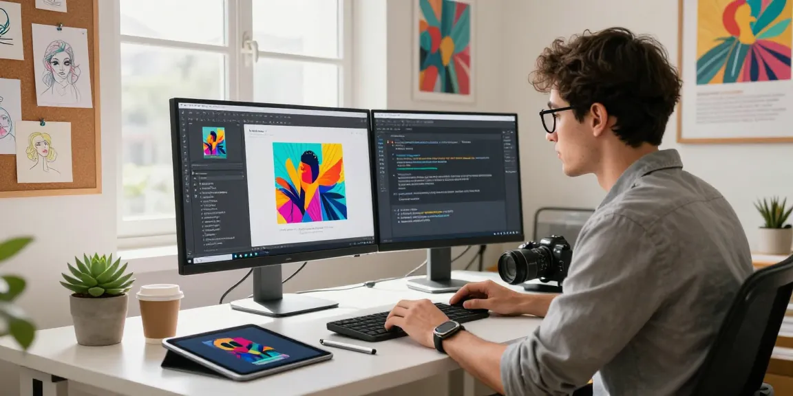Creative environment showing a designer using an ai prompt image generator with vibrant visuals and tools.