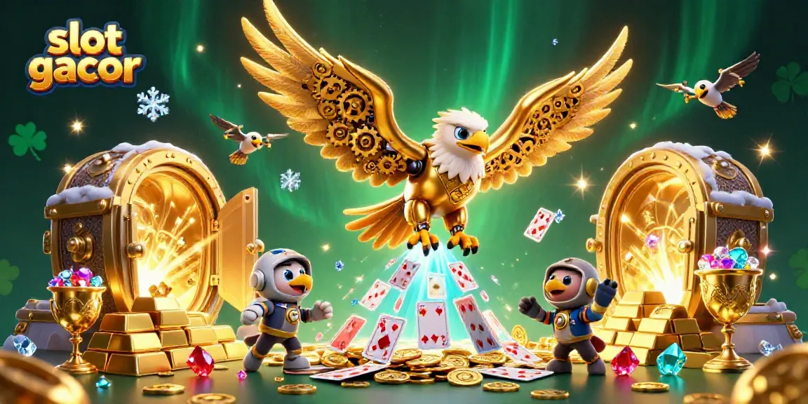 Experience thrilling slot gacor action with a 3D golden eagle diving through glowing cards and treasure.