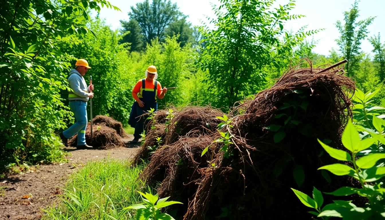 Japanese Knotweed Removal team actively working on invasive plant elimination in a vibrant garden.
