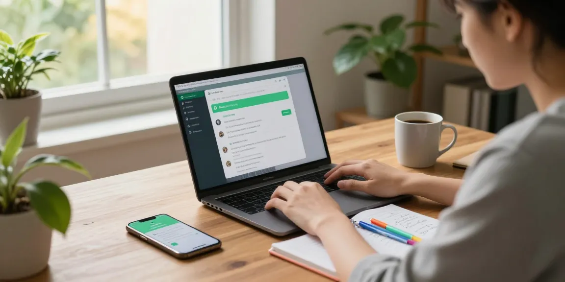 Young professional using WhatsApp電腦版 in a cozy home office, showcasing a productive and inviting workspace.