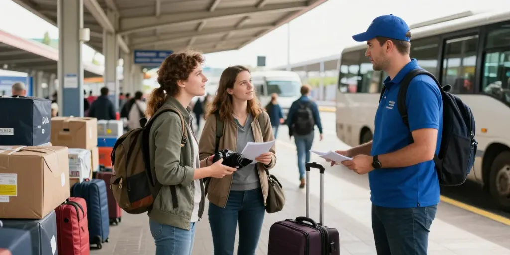 Transport Moldova Anglia - Discutând despre livrarea coletelor la stația de autobuz.