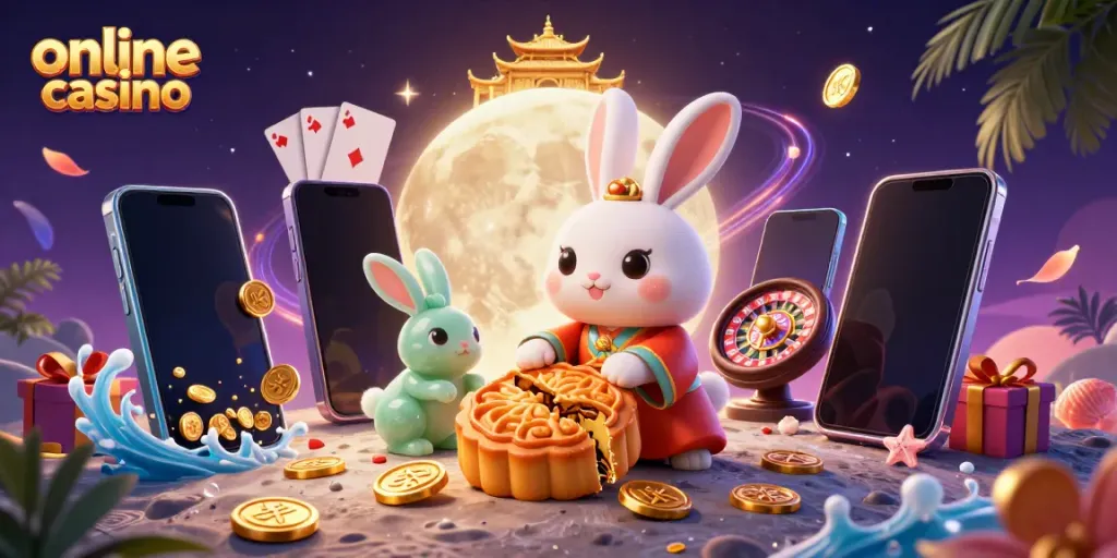 Engage with a thrilling online casino experience featuring cartoon rabbit characters, golden mooncakes, and poker chips.
