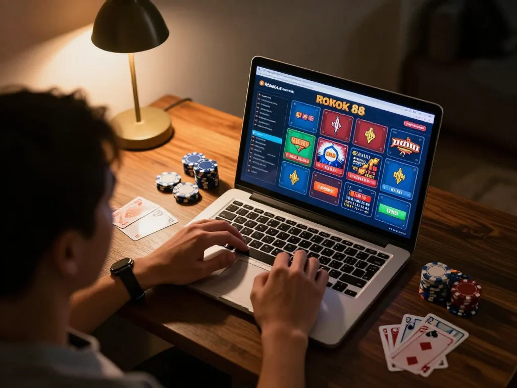 Player engaging in rokok 88 login session with laptop showing casino games, cozy home atmosphere