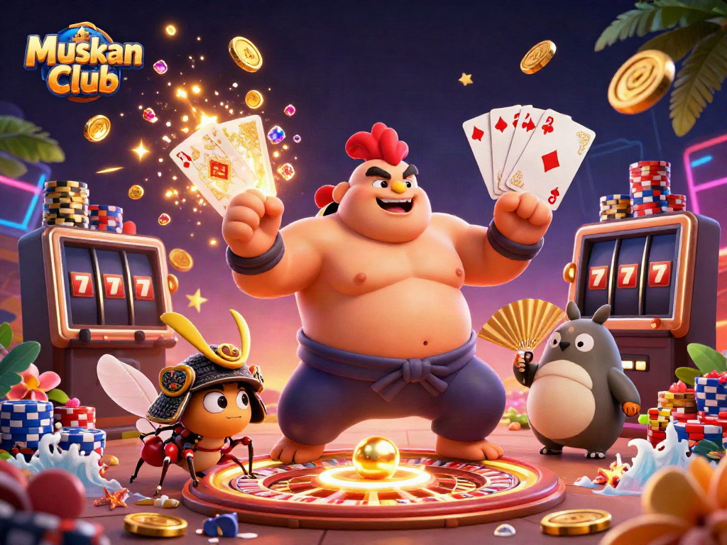 Experience the thrill of Muskan Club with vibrant gaming visuals featuring a sumo rooster, samurai cricket, and tanuki announcer.