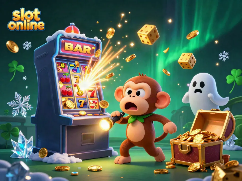 Menang jackpot di slot online sambil menghadapi poltergeist, suasana kasino penuh warna.
