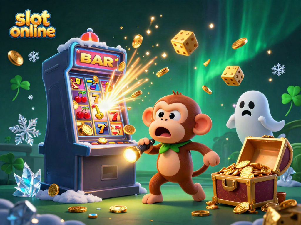 Menang jackpot di slot online sambil menghadapi poltergeist, suasana kasino penuh warna.