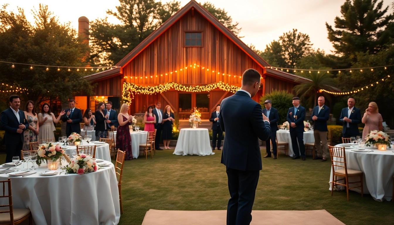 Couple dancing at a beautiful outdoor Weddings Venue with elegant decor and joyful guests.