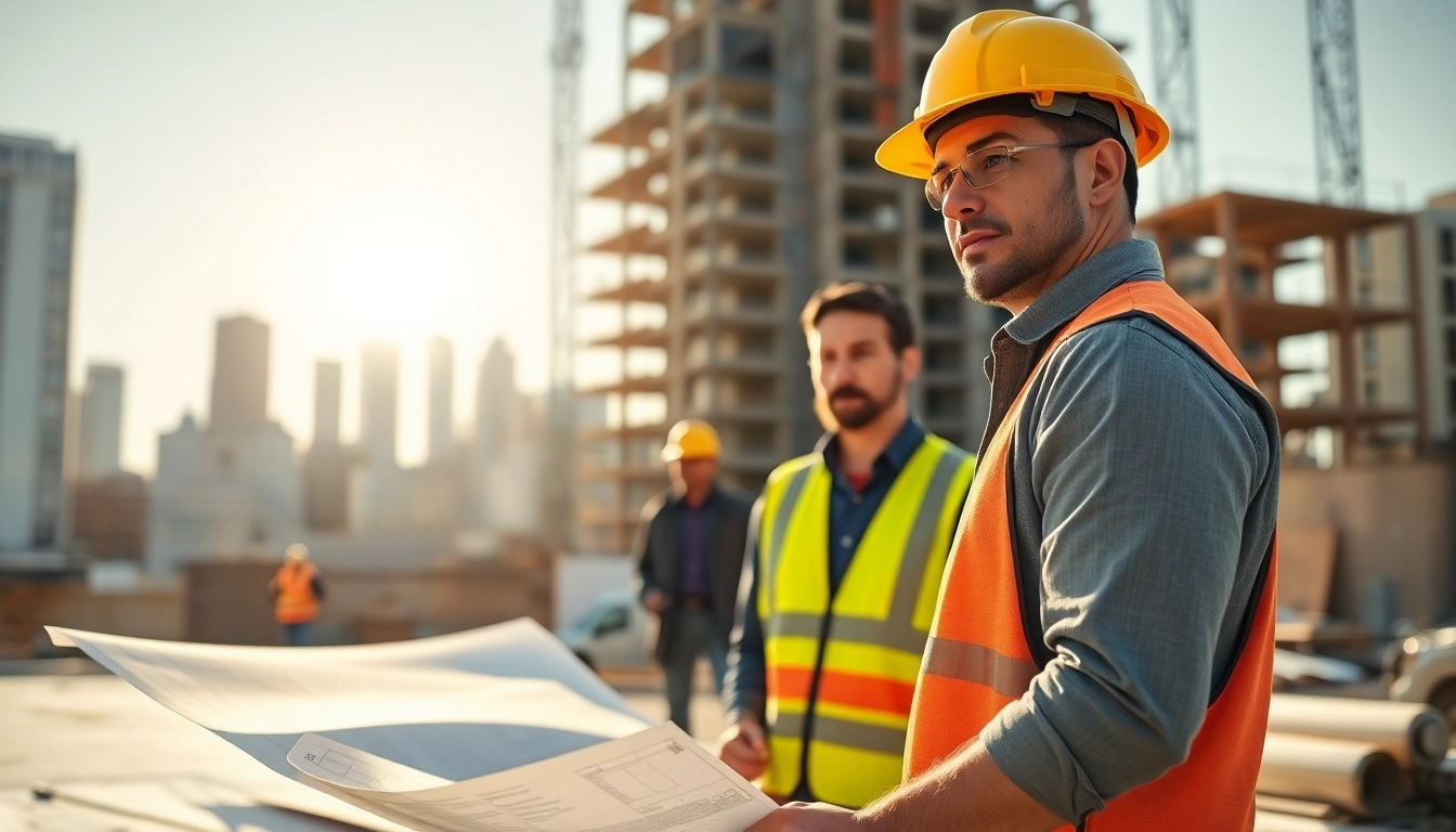 New York General Contractor managing a bustling construction site with blueprints and team discussion.