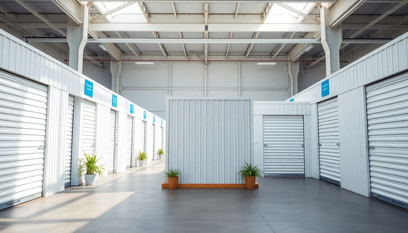 Self storage units in a sleek facility showcasing various sizes and security features.