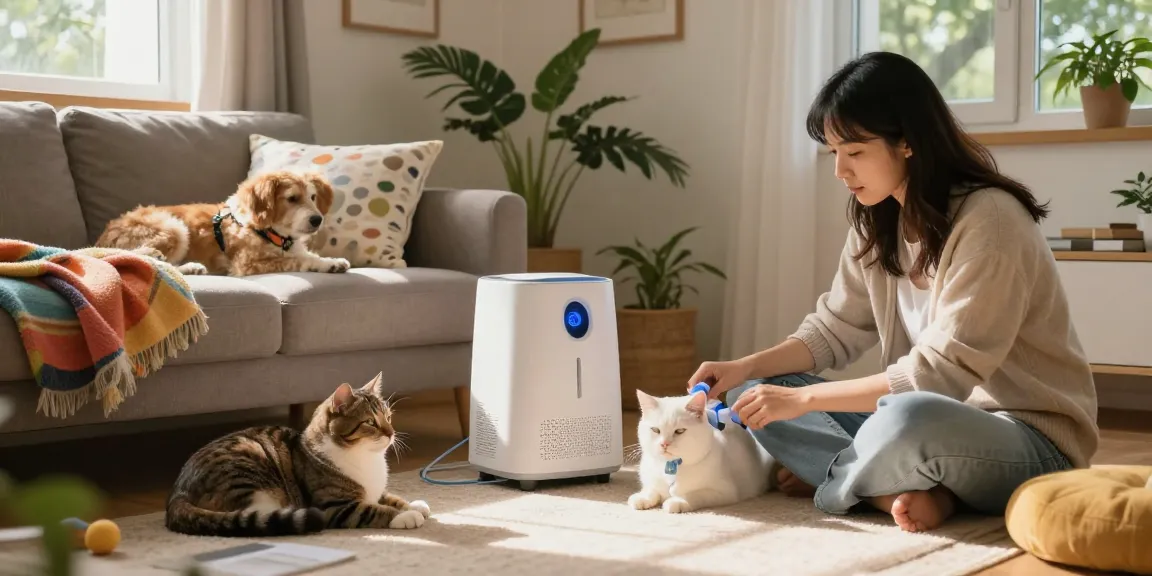 Oxygen support for pets showcased in a cozy home with a dog and cat receiving therapy.