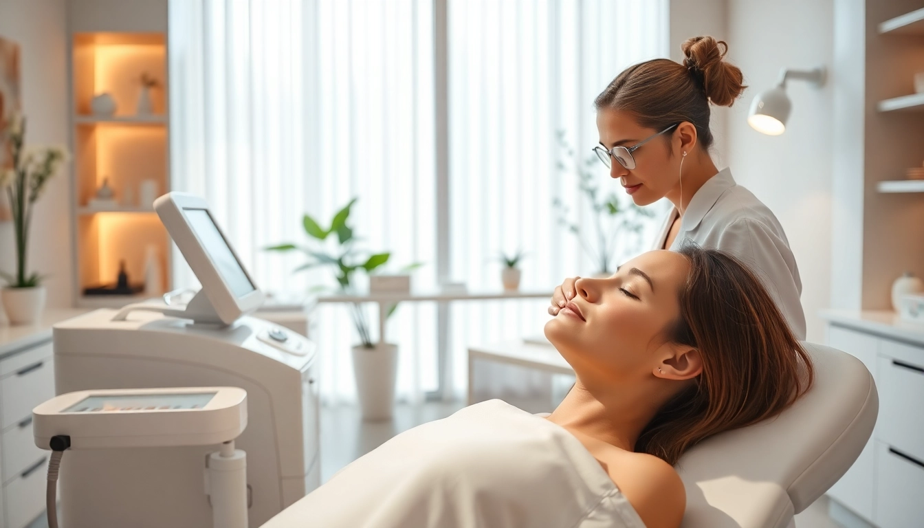Aesthetic treatments being administered by a professional in a modern, serene clinic.