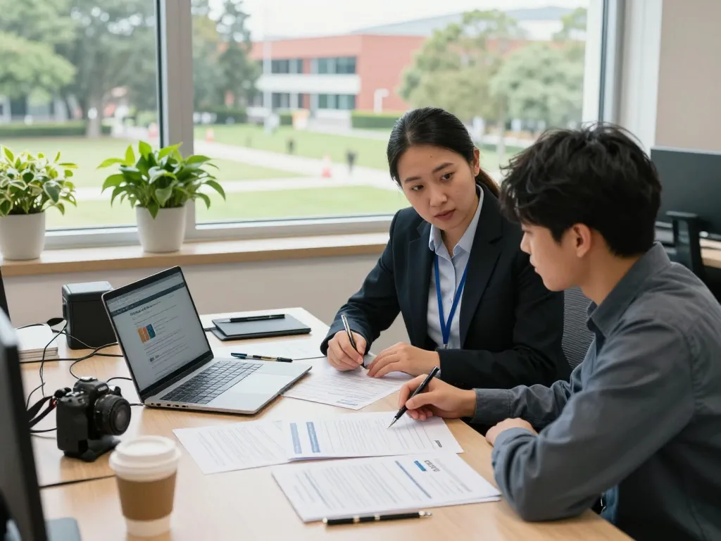 Consultation scene focusing on Transcript & Attestation Rules in a modern educational office setting