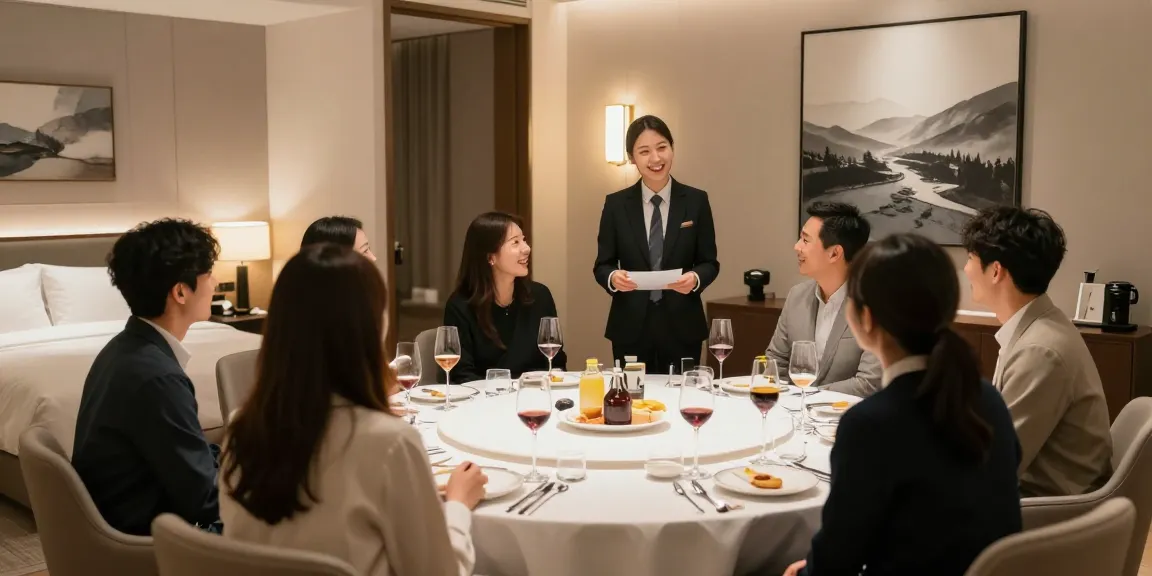 강남 구구단의 고급스러운 독립 룸에서 손님들과 매니저가 즐거운 대화를 나누며, 편안하고 우아한 분위기를 연출하고 있습니다.