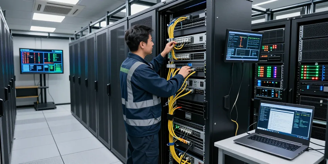 C19/C20 connectors in modern data center with engineer adjusting server rack cables and monitoring power metrics for high-demand applications.