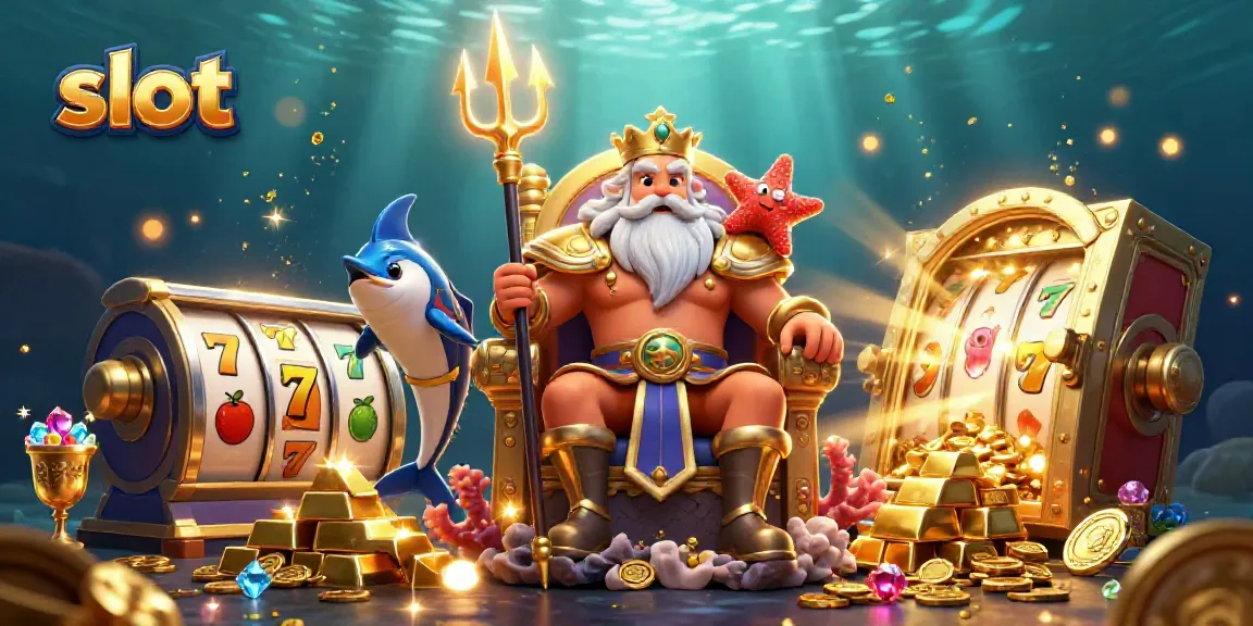 Engaging 3D scene showcasing Neptune surrounded by slot machine elements, depicting the thrill of casino gaming.
