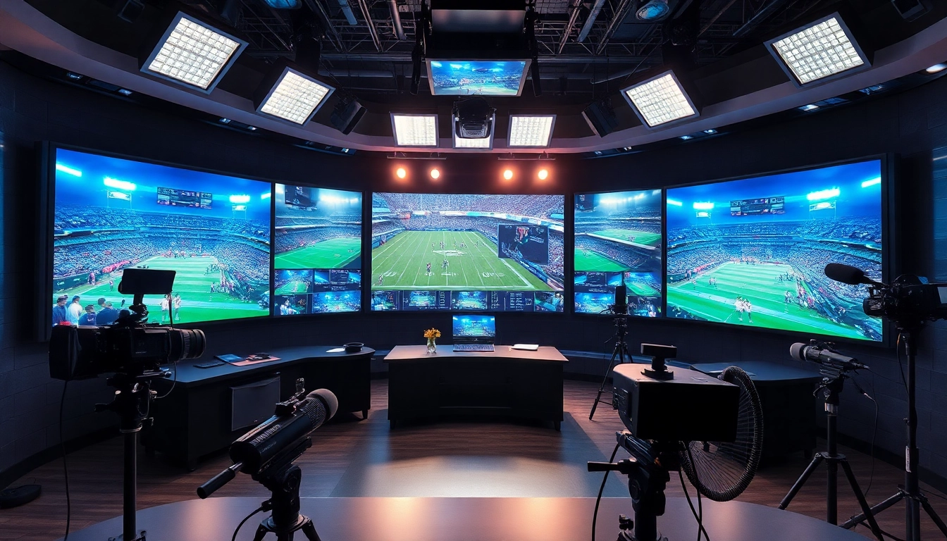 Engaging sports broadcasting studio showcasing live sports events and advanced technology.