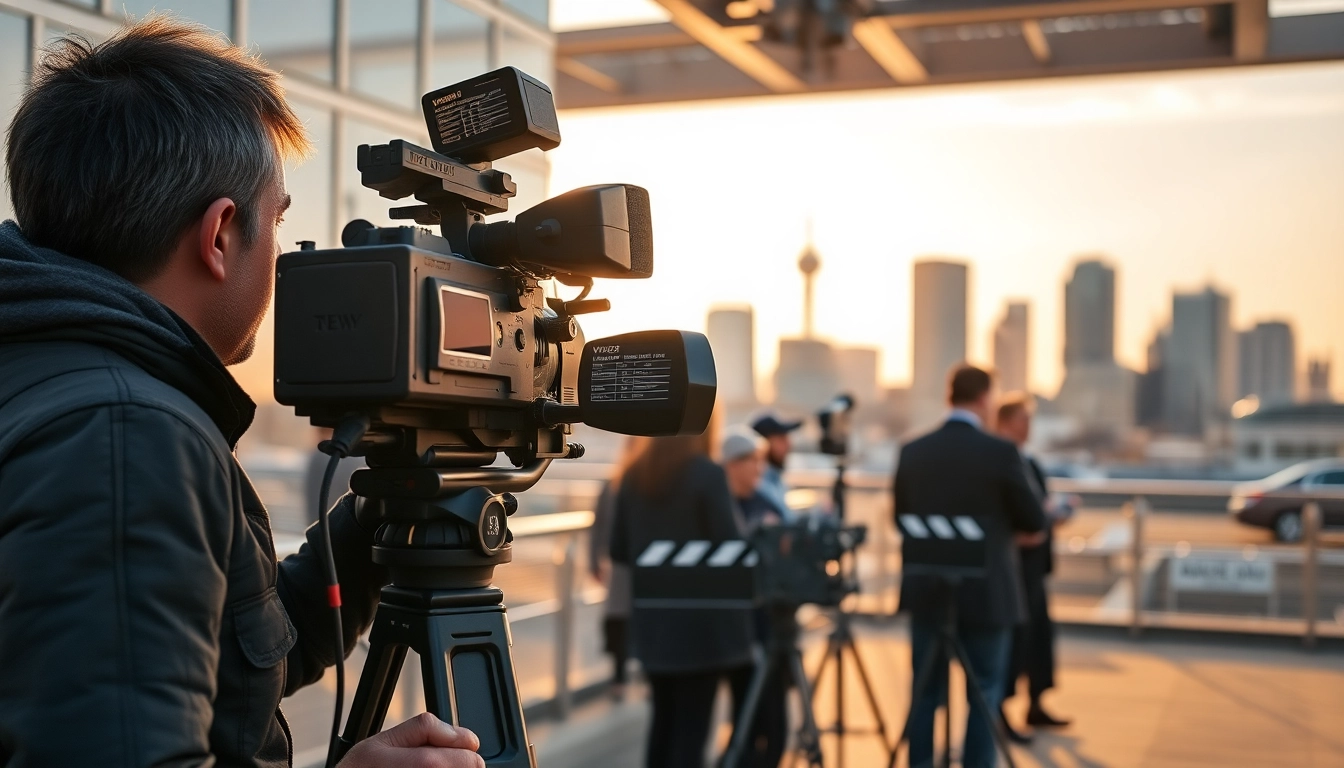 Showcasing video production edmonton with a professional film crew and urban skyline.