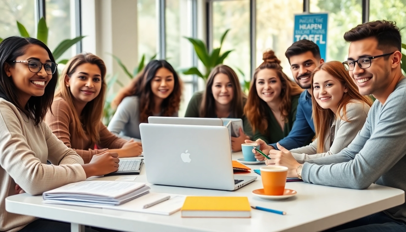 Motivated TOEFL test takers for hire collaborating in a vibrant study space.