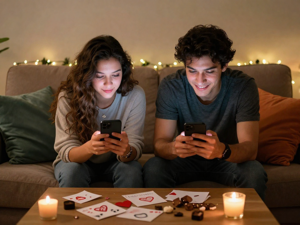 Couple engaging in sexting ai exchange in cozy indoor setting, showcasing romantic connection.