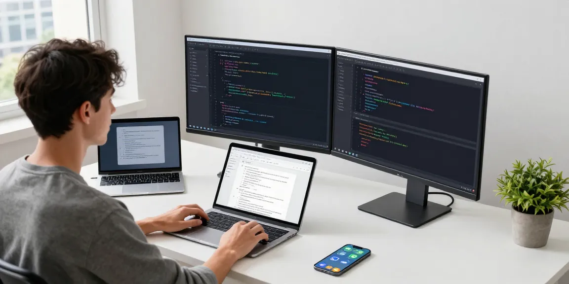 Developer coding for open claw personal AI assistant at a modern workspace with tech gadgets and natural light.