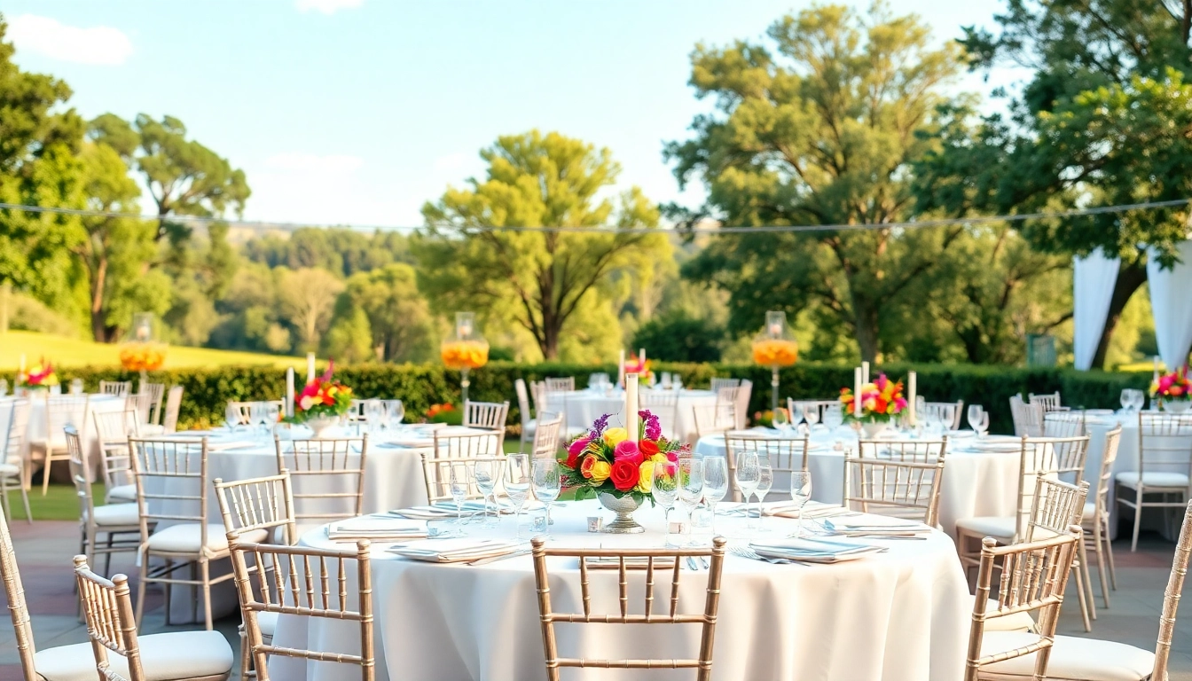Showcasing Table & Chair Rentals in an elegant outdoor event setup with vibrant decorations.