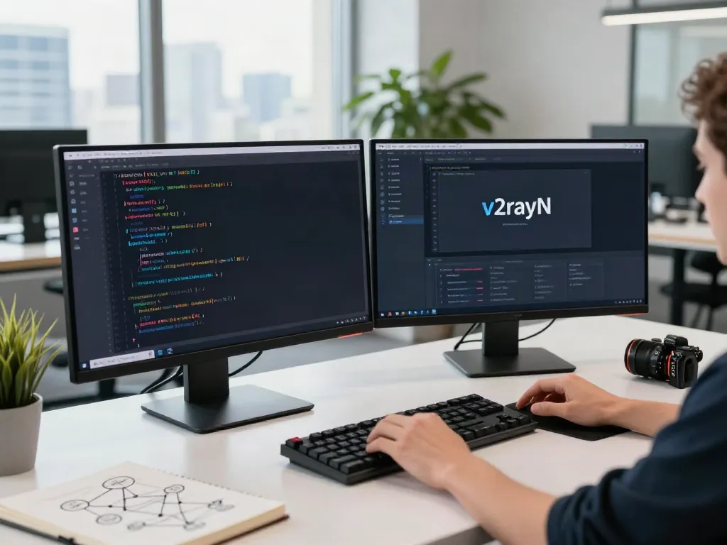 Developer configuring v2rayN in a modern tech workspace with dual monitors.