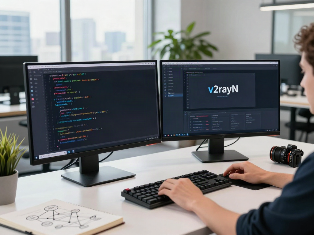 Developer configuring v2rayN in a modern tech workspace with dual monitors.