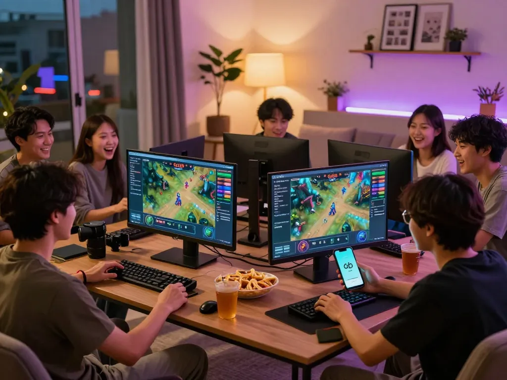 Friends enjoying gaming session with tải go88 app on screens in vibrant living room.