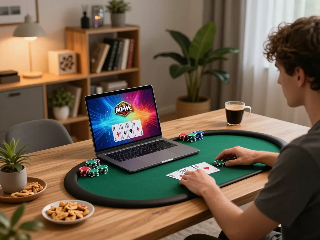 Participant engaging in a thrilling kubet online poker game at home with vibrant screen display
