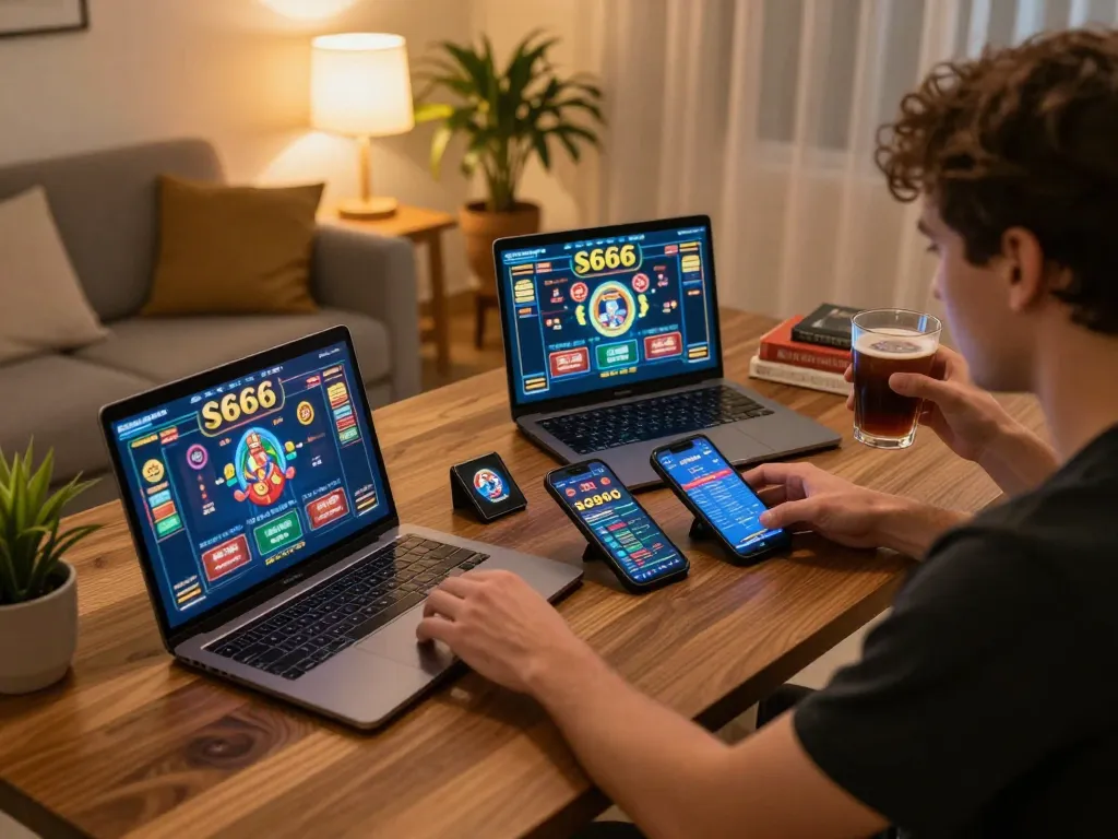 S666 online gaming session showcasing responsible betting strategies in a cozy home environment.