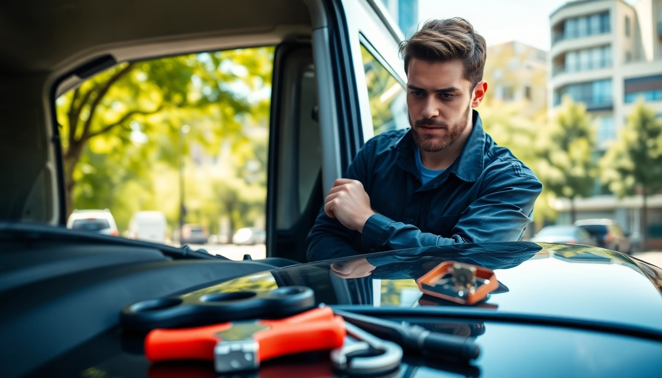 Mobile car repair technician providing services outdoors, emphasizing skill and professionalism.