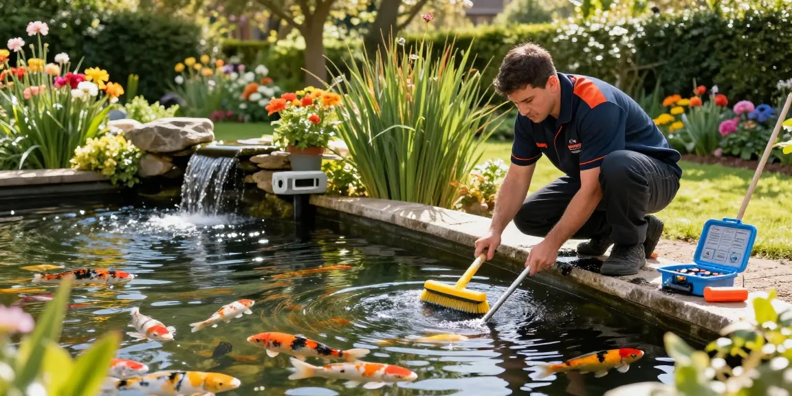 Pond Clean Kent: Professional cleaning service revitalizing a beautiful garden pond in Kent with tools and lush surroundings.