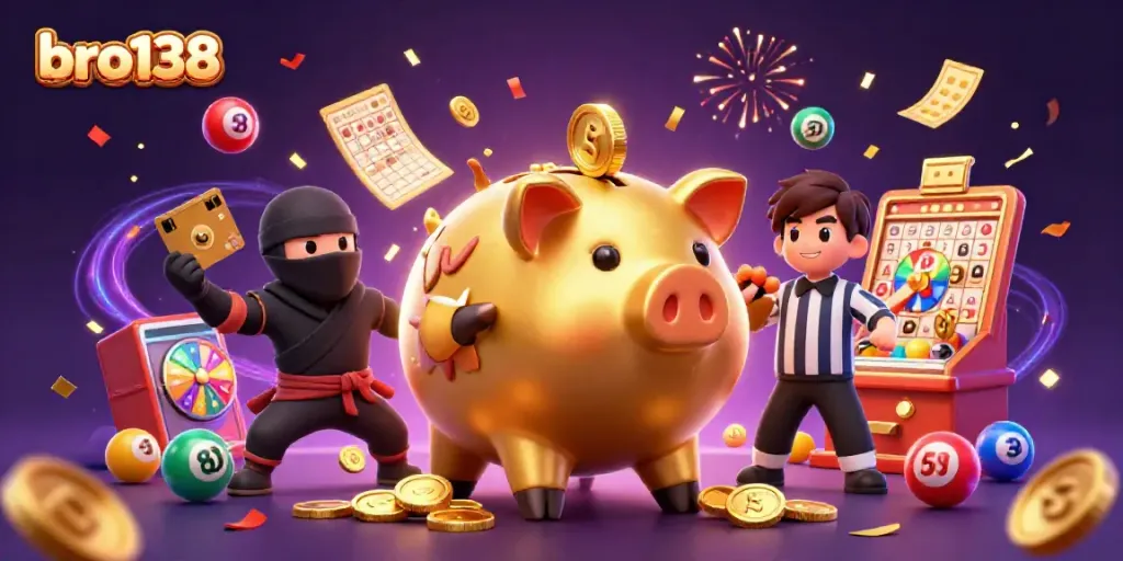 Experience the excitement of bro138 with a lively scene of animated characters and dynamic casino elements.