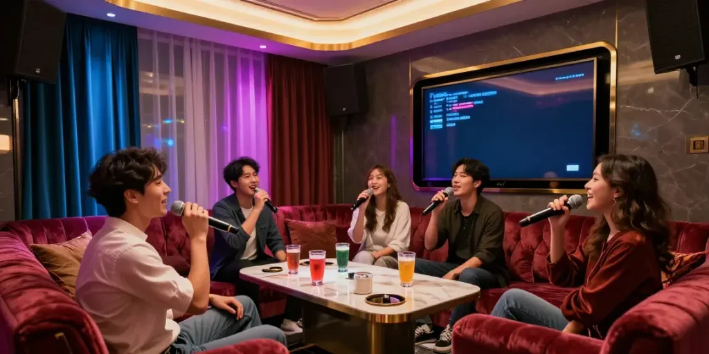 달토 가라오케에서 친구들과 즐거운 시간을 보내는 모습, 세련된 인테리어와 조명으로 아늑한 분위기 연출