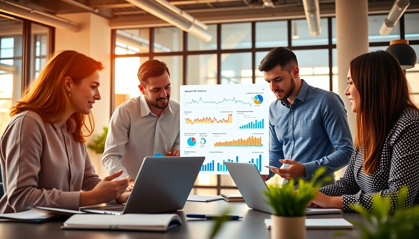 Analyze Content Gap Analysis results with digital marketing professionals in a vibrant setting.