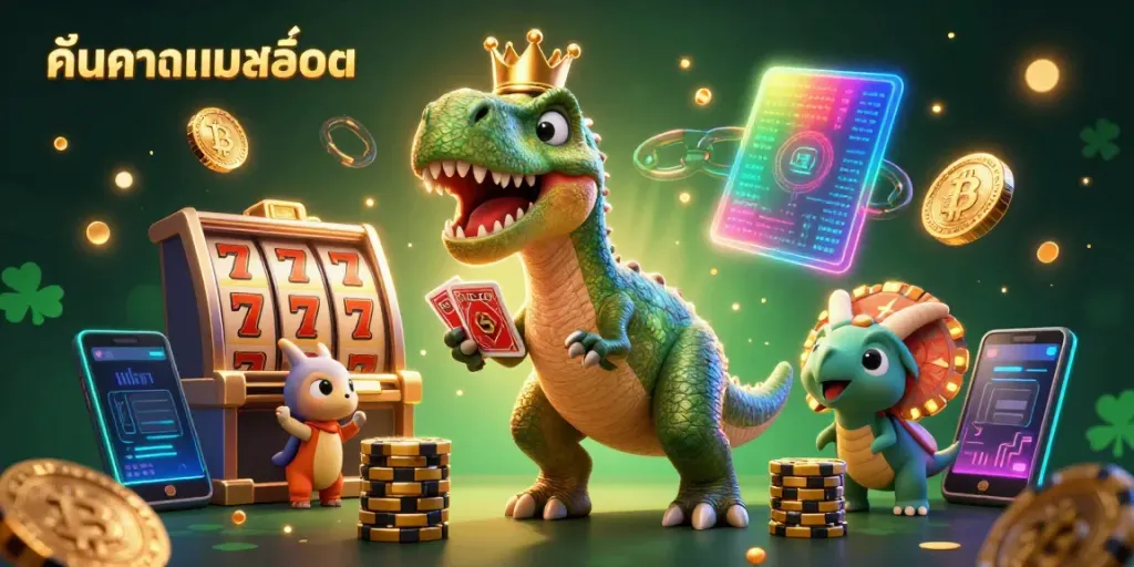 Engaging scene with a T-Rex shuffling cards and a triceratops stacking chips, emphasizing ค้นหาเกมสล็อต in a vibrant casino atmosphere.