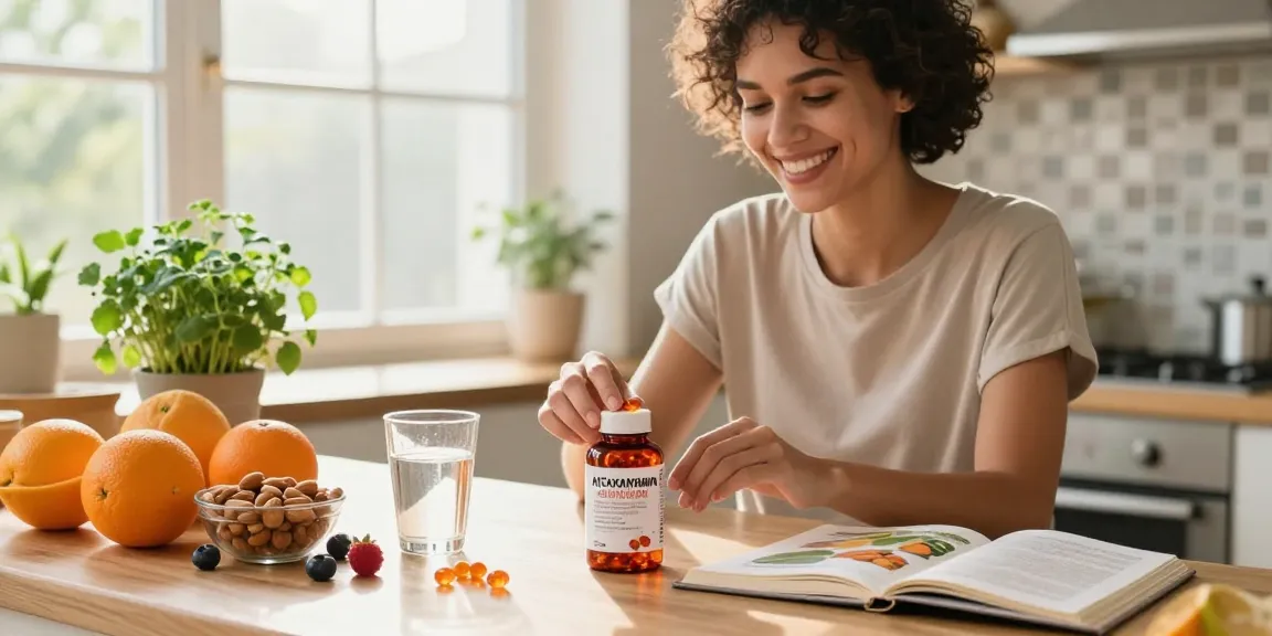 Health-conscious individual opening astaxanthin softgels in a sunny kitchen, surrounded by fresh fruits and wellness elements.