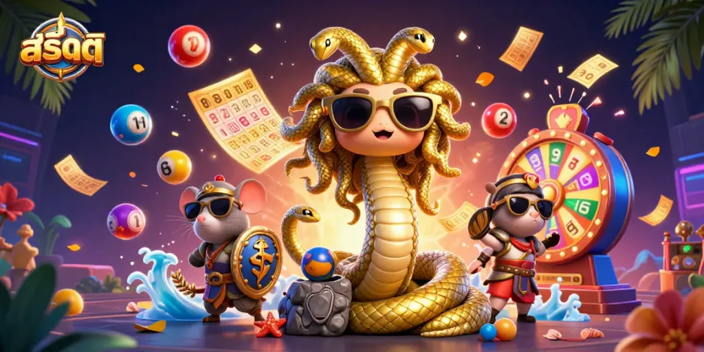 เล่นสล็อตด้วยภาพประกอบที่มี Medusa ตากับงูทองและลูกบอลลอตเตอรี่รอบตัว