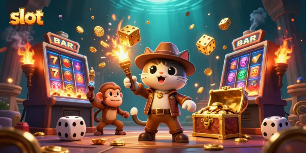 Experience thrilling slot adventures with a cat explorer and monkey in a vibrant casino scene.