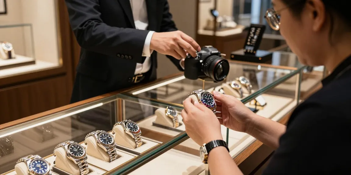 Engaging customer inspecting replica watch at luxury boutique.
