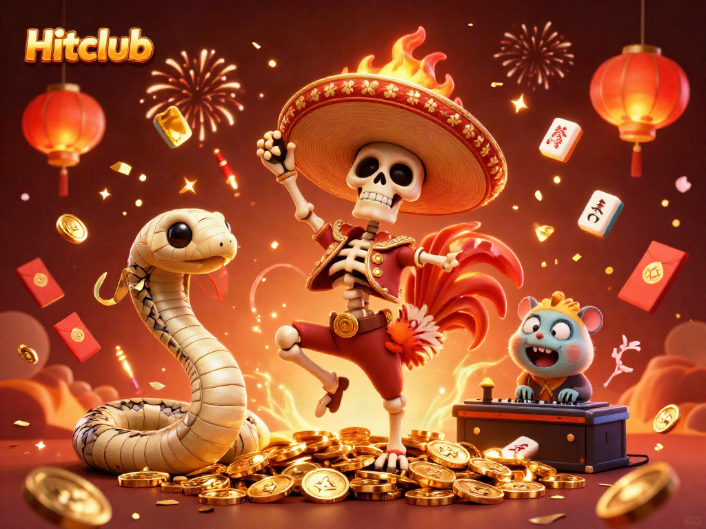 Hitclub celebration scene with a skeleton mariachi rooster, mummy snake, and zombie DJ amidst gold coins