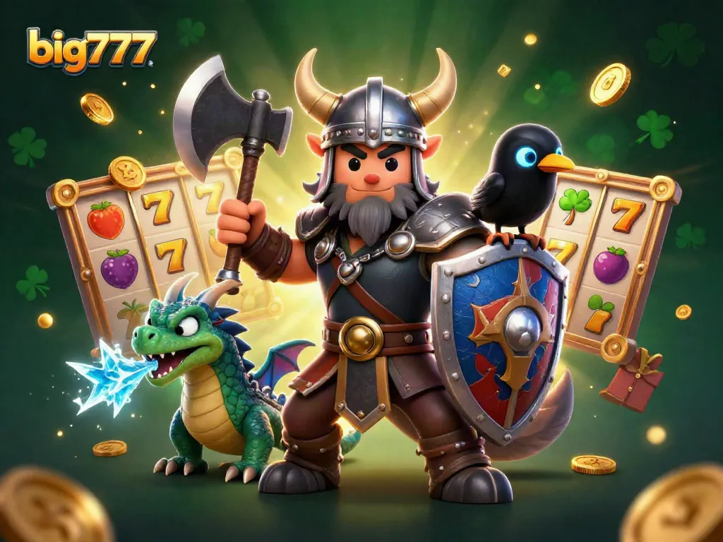 Experience the thrill of big777 slots with this vibrant 3D illustration featuring a Viking warrior and magical creatures.