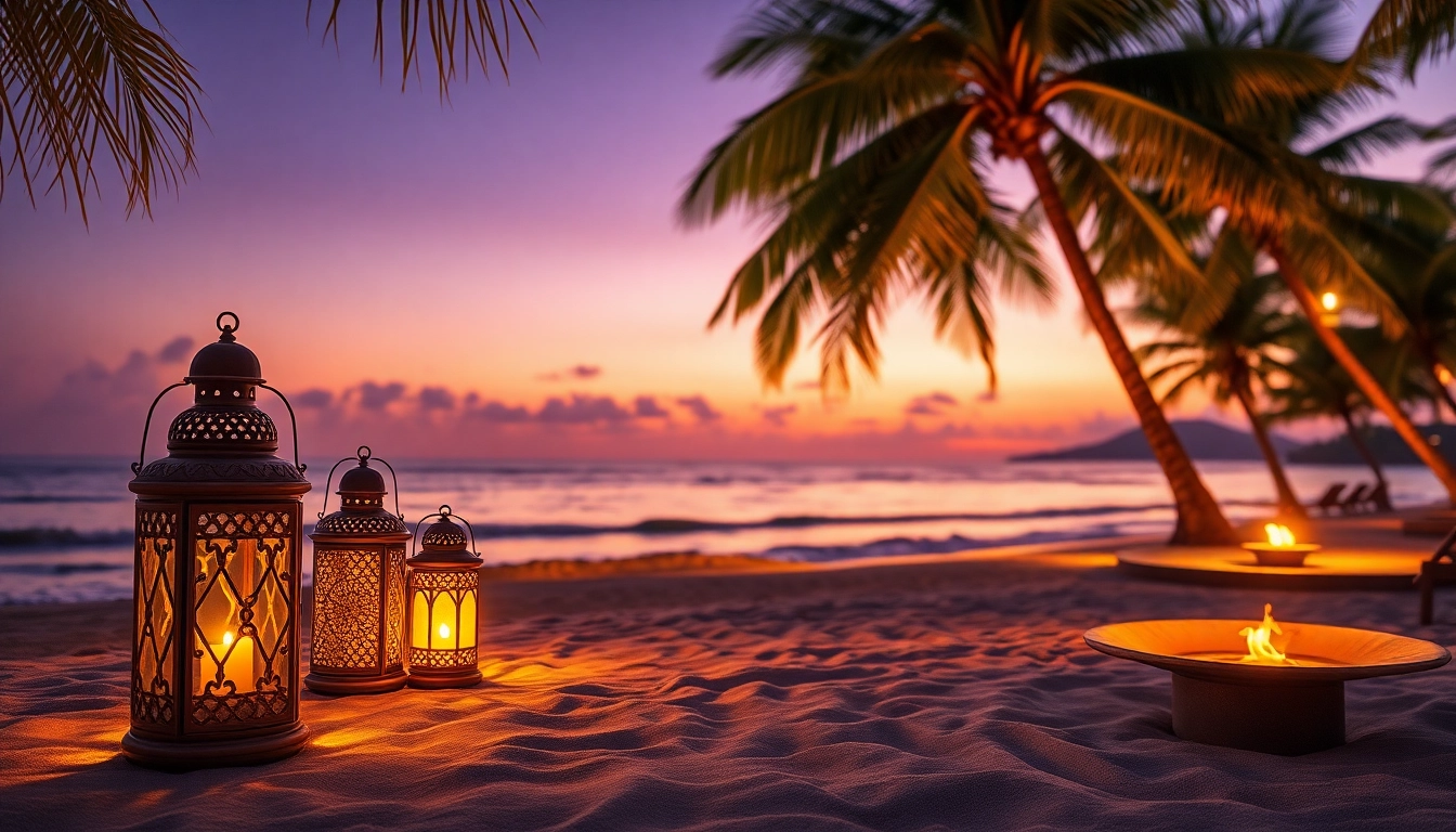 Capture the warm ambiance of island light over a tranquil sunset beach, with glowing lanterns enhancing the setting.