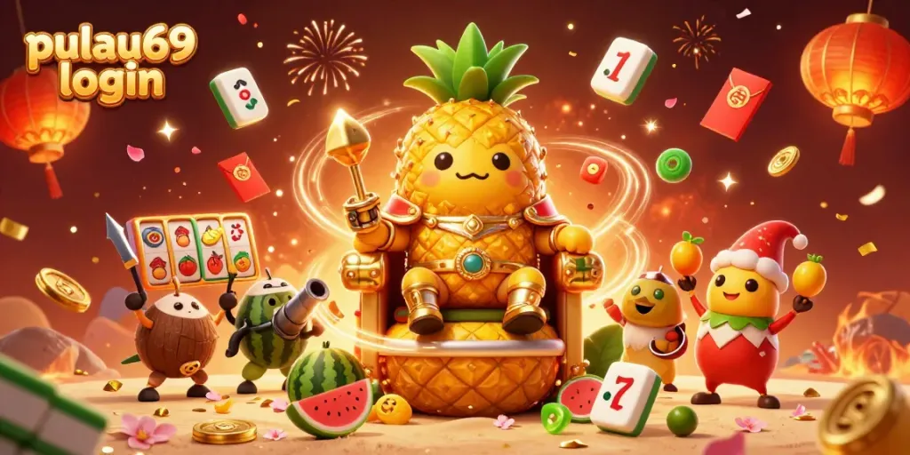 Engage with pulau69 login at a vibrant beach casino adorned with festive characters and dynamic slot elements.