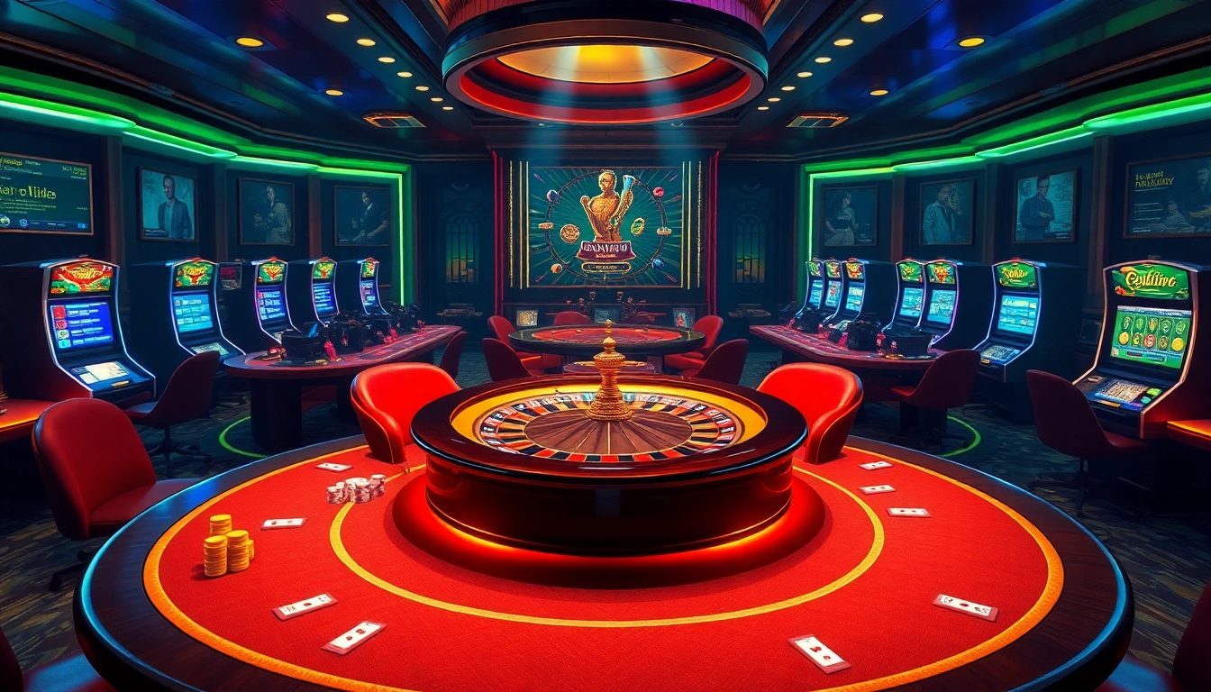 Atmosphère excitante du casino en ligne Français 2026 avec des tables vibrant et une roue de roulette.