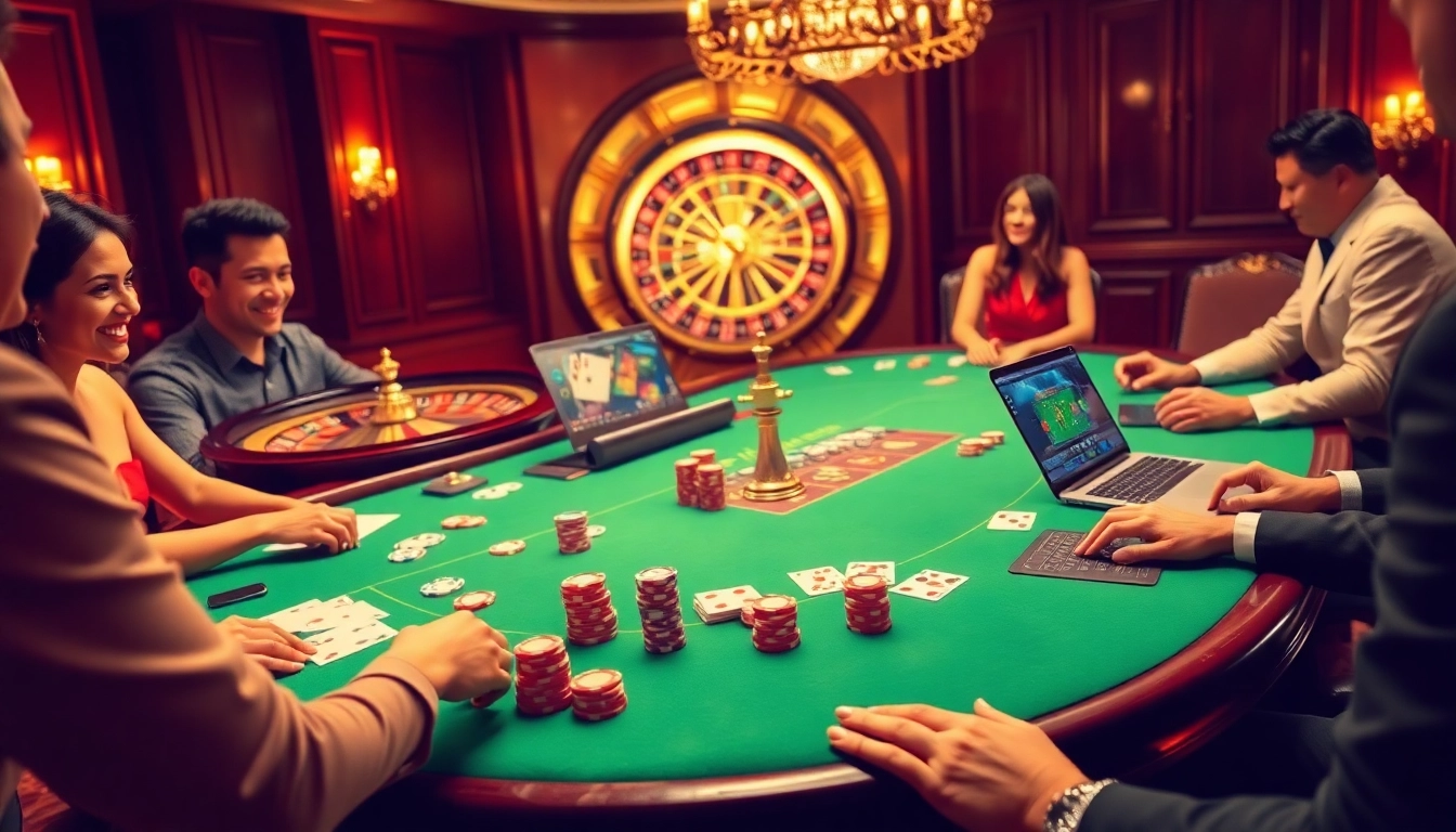Découvrez l'excitation du casino en ligne argent réel à travers une scène de casino dynamique avec des joueurs enthousiastes et des éléments de jeu éblouissants.