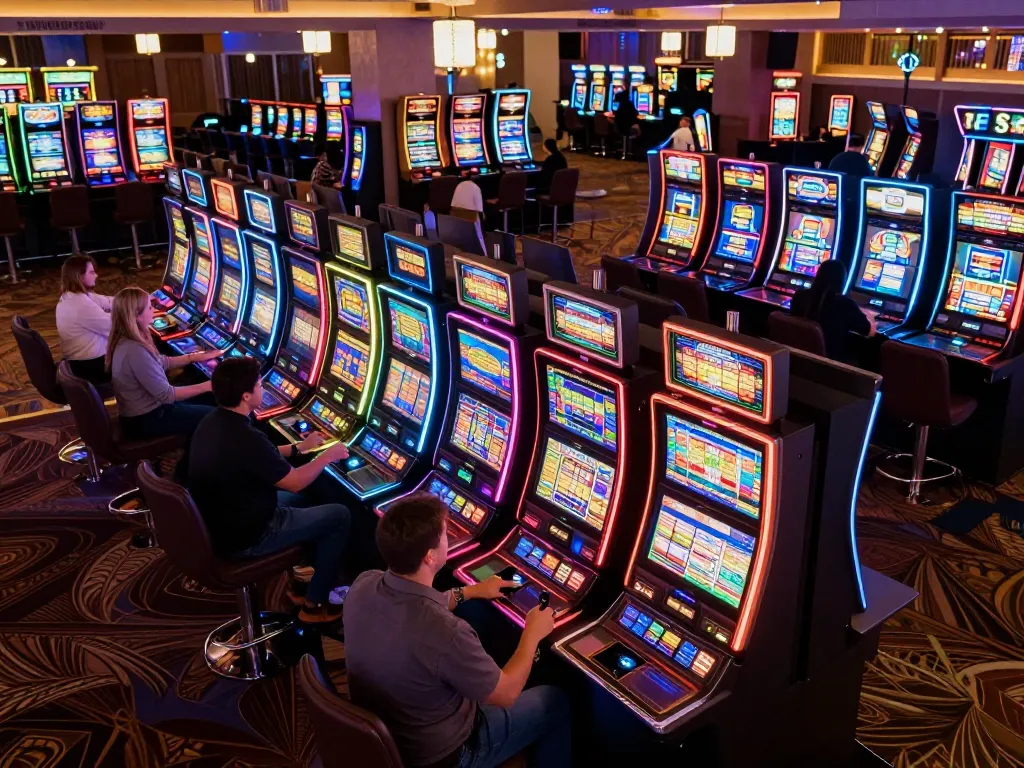 Players enjoying dynamic situs slot gaming at a vibrant casino with colorful machines and lively atmosphere.